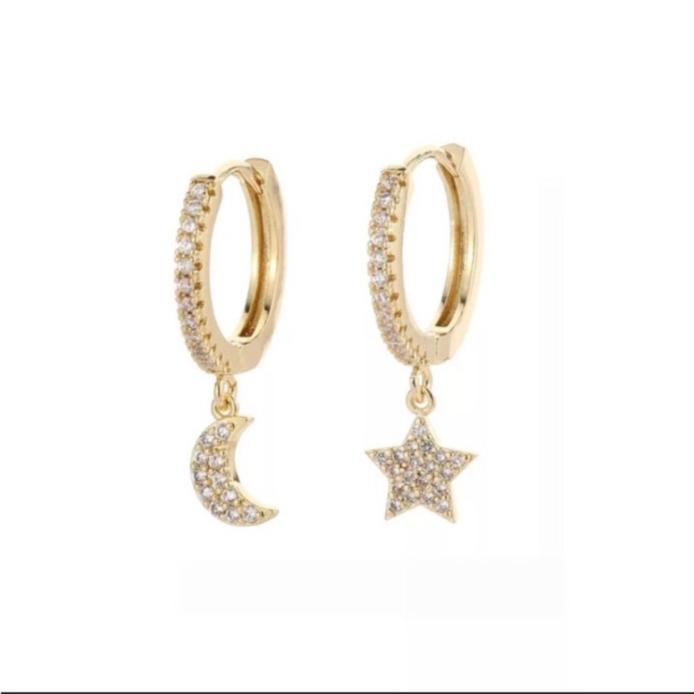 New gold celestial moon planet stars hoop charm Sim diamond earrings - Picture 2 of 5